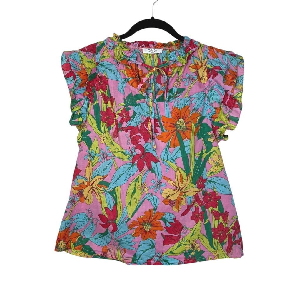 AVARA Womens Flutter Sleeve Floral Ruffle V-Neck Top Size S Resort Vacation